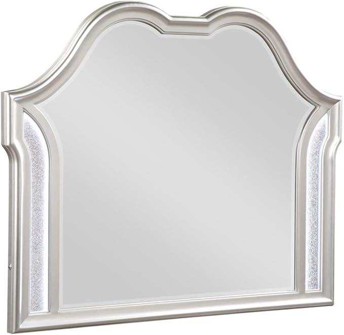 MAKLAINE 5-Piece Glam Wood Queen Bedroom Set, Silver Oak Finish, Ivory Upholstered Bed, Nightstand with USB Ports, Dresser with Jewelry Tray, Beveled Mirror, Chest; Elegant Storage Furniture for