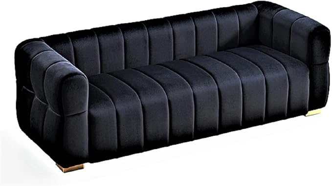 Art Deco Velvet Sofa with Tufted Low Back Design, Sophisticated 3 Seater Couch for Living Rooms, 89 Inch Wide, Easy Assembly, Black