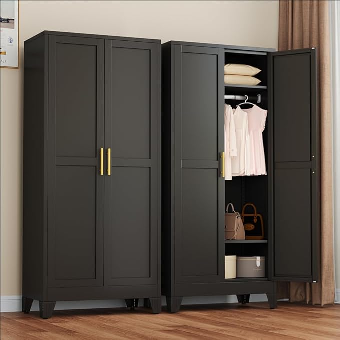 winiowa Metal Armoire Wardrobe Closet with 2 Doors, 71" Wardrobe Cabinet with Adjustable Shelves and Hanging Rod, Clothing Storage Cabinet Closet for Bedroom-Black