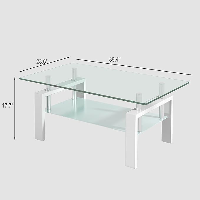 Tempered Glass Coffee Table with Metal Legs Modern Small Coffee Tables for Livingroom (White)
