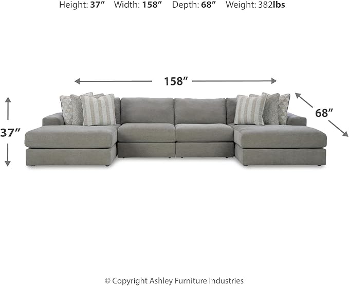 Signature Design by Ashley Avaliyah Modern Modular Anti Sag 4-Piece Double Chaise Sectional with Reversible Cushions and 6 Accent Pillows, Gray
