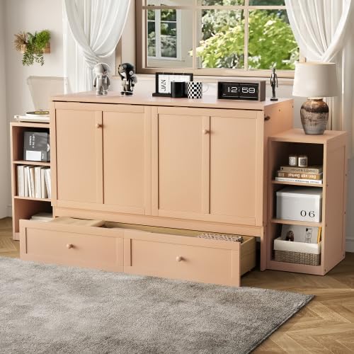 Bellemave Full Size Murphy Bed, Cabinet Bed with 2 Shelves and Storage Drawers, Farmhouse Murphy Cabinet, Noisy Free, for Guest Bedroom, Living Room, Office, Golden