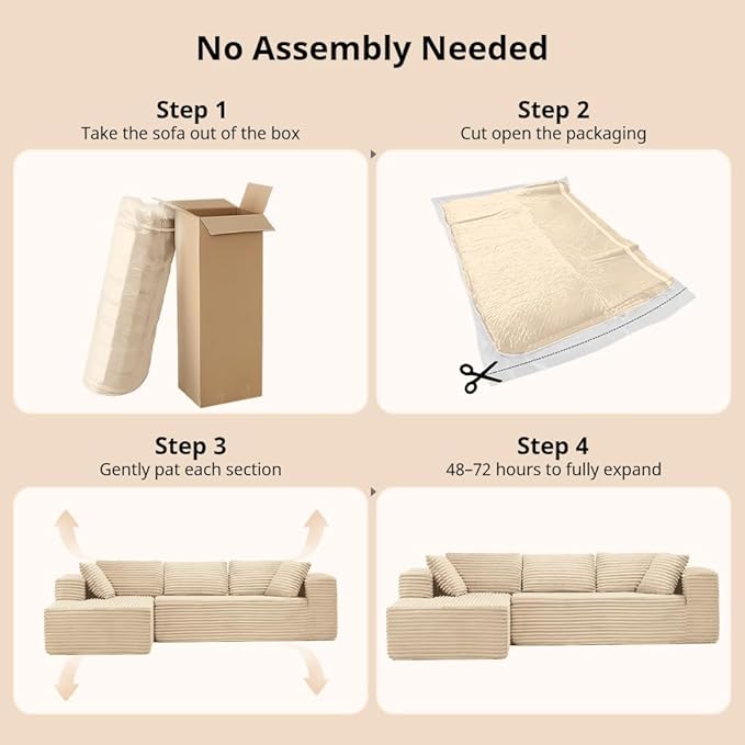 COMHOMA 105”Modular Sectional Sofa with Deep Seat,Cloud Upholstered L-Shape Couch Wide Arms Corduroy Fabric High-Density Foam Chaise Lounge for Living Room No Assembly Required