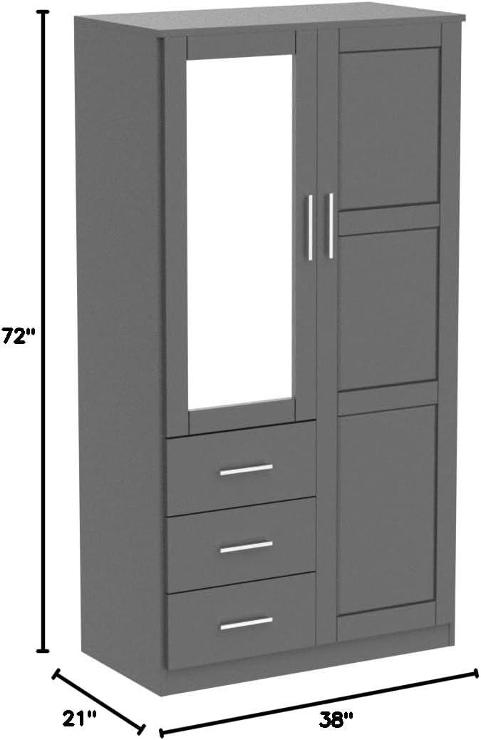 Palace Imports Metro 100% Solid Wood Wardrobe with Mirror, Gray, 37.75" w x 72" h x 20.75" d