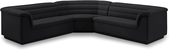 Meridian Furniture 194Black-Sectional Cascade Collection Modern | Contemporary Modular Sectional with Soft Black Velvet Fabric, Deep Channel Tufting, Curved Arms, 148" W x 80" D x 28" H, Black