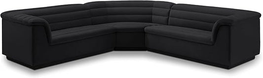 Meridian Furniture 194Black-Sectional Cascade Collection Modern | Contemporary Modular Sectional with Soft Black Velvet Fabric, Deep Channel Tufting, Curved Arms, 148" W x 80" D x 28" H, Black