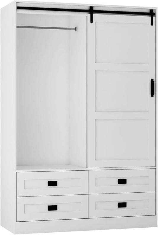 Armoire Wardrobe Closet with Sliding barn Door，Wardrobe Cabinet with 4 Storage Drawers and Hanging Rail,Freestanding Wooden Closet for Bedroom (White)