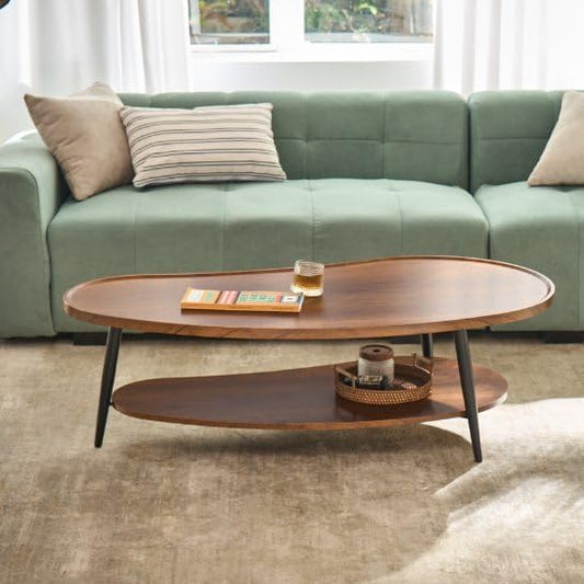 AGV LIGHTING Mango Oval Coffee Table with Storage Shelf, 47" Mid Century Modern Coffee Table for Living Room, Walnut Wood Finish MDF Top with Black Metal Legs