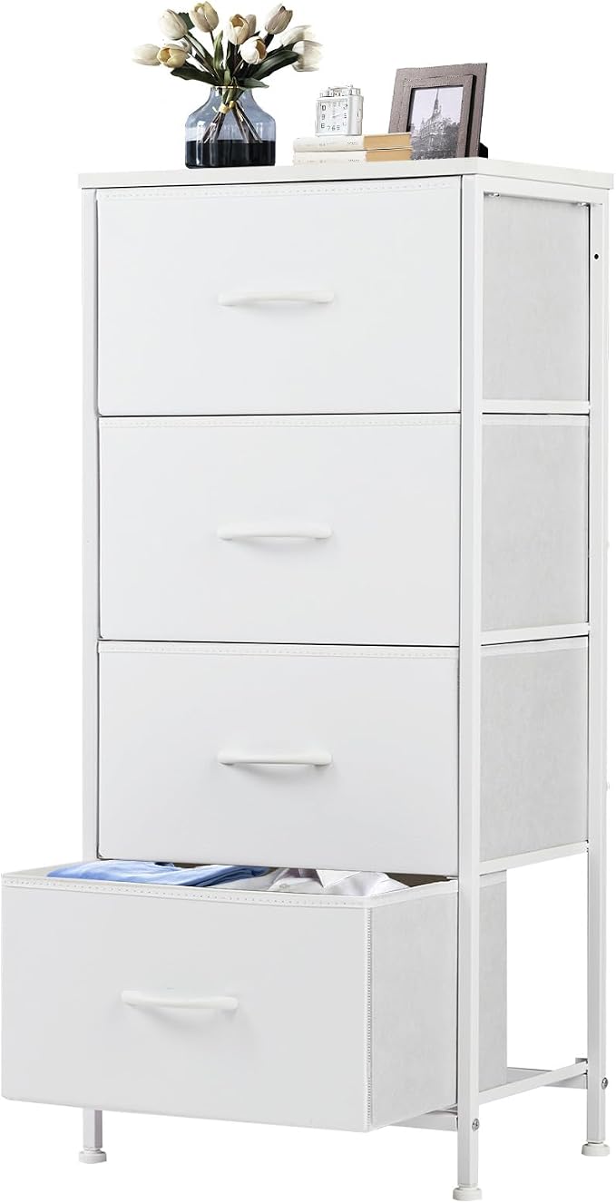DUMOS Nightstand with 4 Drawers Bedside Table with Removable Fabric Bins Sturdy Steel Frame Wood Top Organizer Furniture for Bedroom Closet Living Room by DumosLifestyle