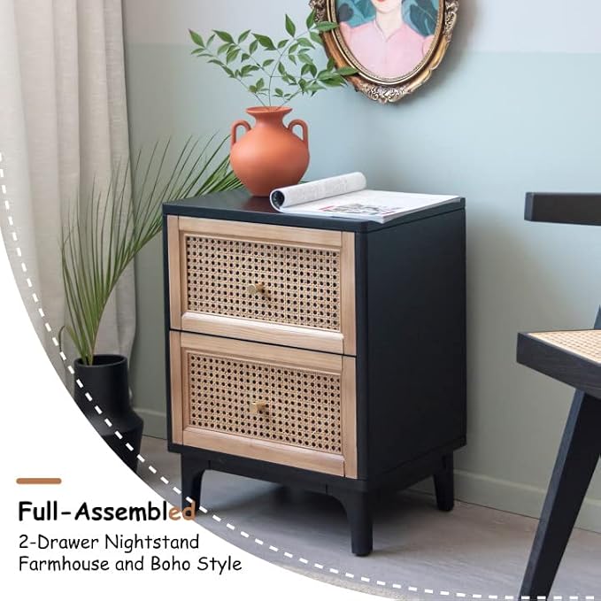 COZAYH 2 Drawer Bedroom Nightstand, Boho Farmhouse Bedside Table - Accent Table Stand with Drawer Organizer Storage and Weave Pattern Front, Black - Image 4