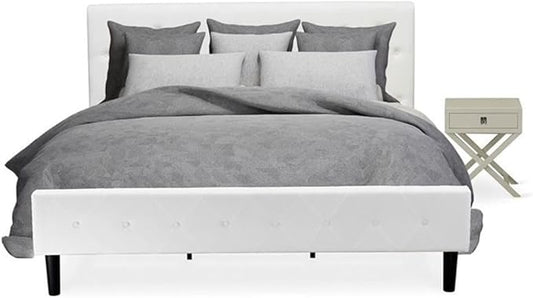 East West Furniture NL19K-1HA14 2 Piece King Size Bedroom Set - Button Tufted Bed Frame - Linen white Velvet Fabric Upholstered Headboard and an Urban Gray Finish Nightstand