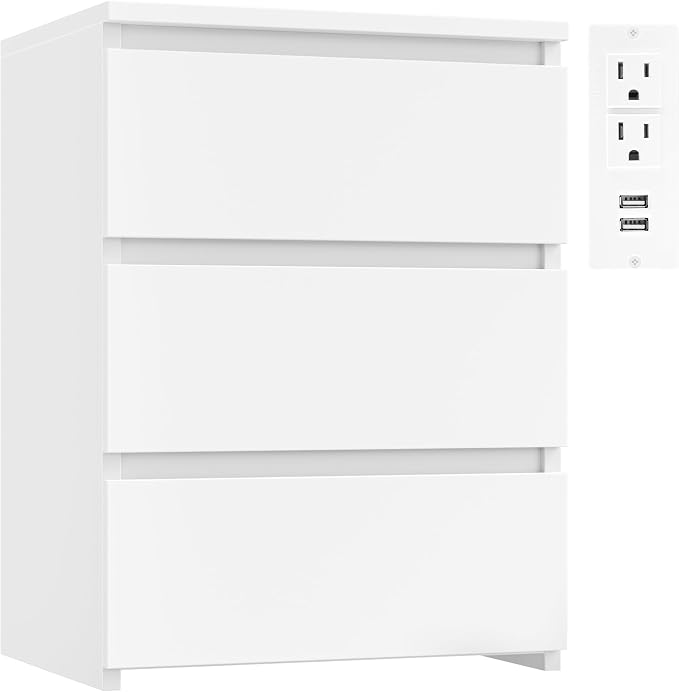 FOTOSOK White Nightstand, 26" H Night Stand with Charging Station, White Nightstand with USB Ports & Power Outlets, Silent Slides, Wooden End Side Table Bedside Table with 3 Drawers for Bedroom by FOTOSOK