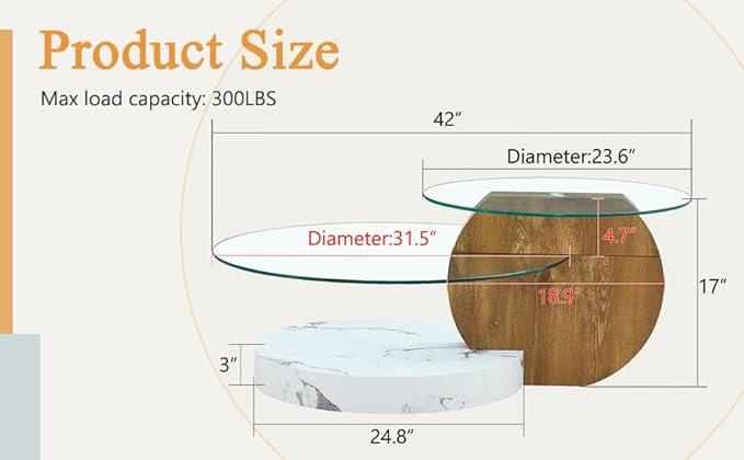 Modern Glass Coffee Table,Small Round Coffee Tables, 42" 3-Tier Circle Wood Coffee Table for Living Room Rustic Circle Center Cocktail Table with Tempered Glass, Unique Accent Table for Small Spaces