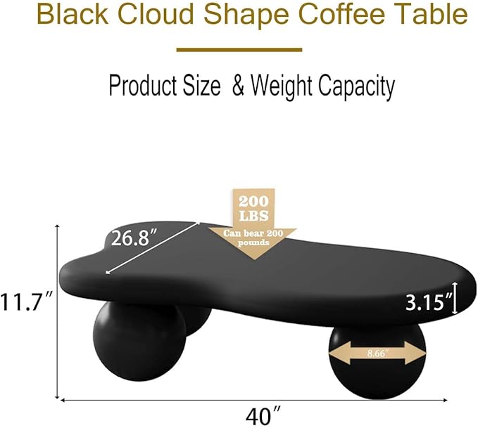 40" Black Modern Coffee Table Cloud Shape Low Center Table with 3 Ball Legs Cute Irregular Indoor Tea Table for Living Room Small Space