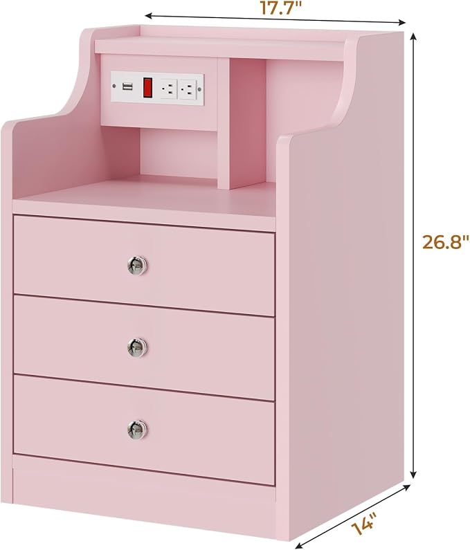 ADORNEVE Nightstand with Charging Station,Pink Night Stand with Hutch,Bedside Table with Drawers,Bed Side Table with Storage - Image 2