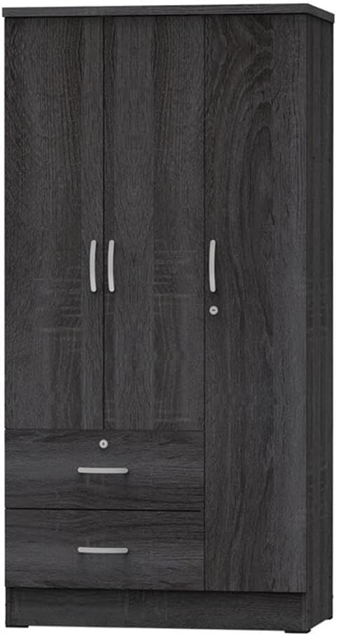 Pemberly Row Modern 2 Drawer Wooden Wardrobe Armoire Closet, Gray Finish, Engineered Wood, 72” H x 36” W x 20” D, Hanging Rod, Shelves, Lockable Drawer, Sleek Bedroom Storage Unit