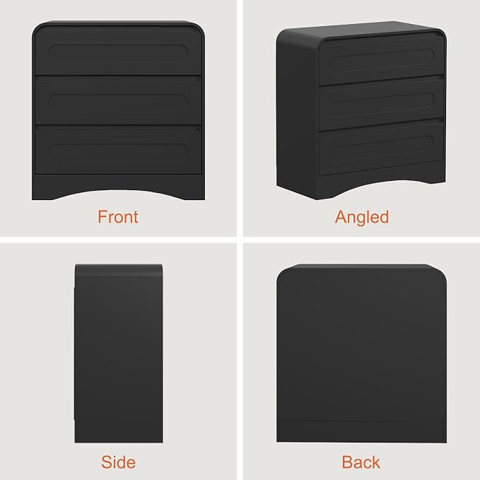 32" Large Night Stand, 3 Drawer Nightstand with Spacious Drawers, Pre-Installed Slides, Wood Bedside Table, Modern End Table, Curved Nightstand for Bedroom Sofa Couch Office, Black - Image 6