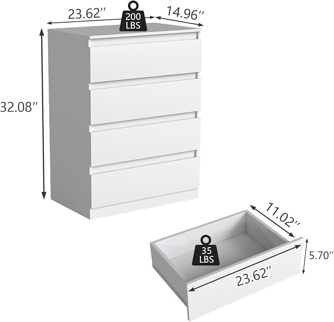 White Nightstand with 4 Drawers,Modern 32'' Tall Bedside Table with Storage for Bedroom,End Side Table with No-Handle Design for Living Room - Image 2