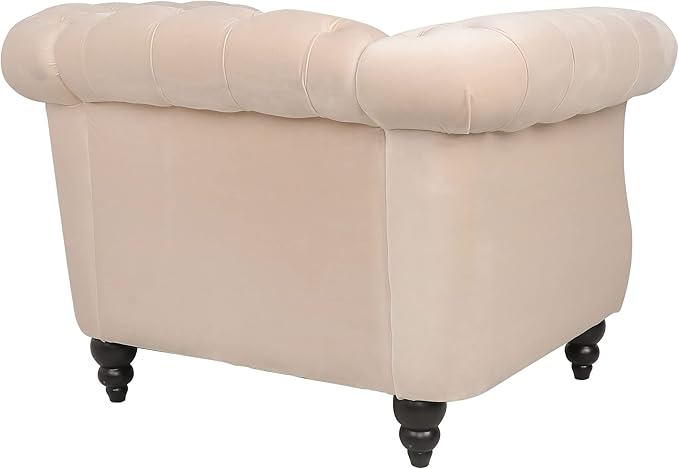 LEVNARY Velvet Chesterfield Chair, Mid-Century Modern Single Sofa Chair with Button Tufted Backrest and Nailhead Decor, Tufted Upholstered Rolled Armchair for Home Bedroom Reading Room (Beige)