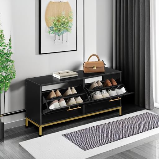 HOOBRO Shoe Bench with Storage, Shoe Storage Bench with 2 Flip Drawers, 39.4" Shoe Cabinet with Bench, Hidden Shoe Rack Organizer for Entryway, Foyer, Hallway, Mudroom, Black and Gold DB48HX01 - Image 5