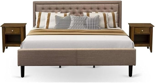 East West Furniture KD16K-2GA08 3 Piece King Bed Set - 1 King Bed Brown Linen Fabric Padded and Button Tufted Headboard with 2 Night Stands for Bedroom - Antique Walnut Finish Nightstand