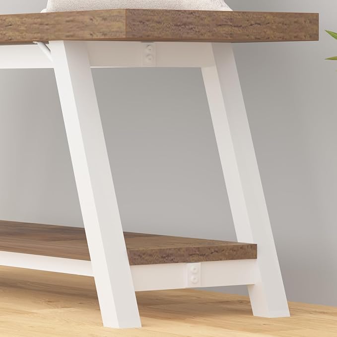 LVB Rustic Entryway Bench, Farmhouse Wood Indoor Shoe Bench with Storage in Bedroom End of Bed, Industrial Metal Foyer Shoe Rack Bench Seating for Hallway Living Dining Room, White Rustic Oak, 47 Inch - Image 8
