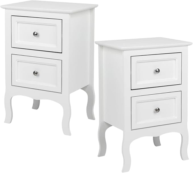 Karl home White Nightstand Set of 2. Farmhouse End Side Table Set of 2 Bedside Nightstands Chest with Drawers Small Night Stand with 2 Drawer and Solid Wood Legs for Bedroom by Karlhome