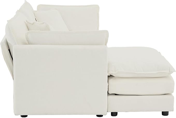 KEIKI Loveseat Sofa, Upholstered 2 Seater Couch with 1 Footrest, Oversized L-Shaped Sectional Sofa with Ottoman for Living Room Bedroom Office, White