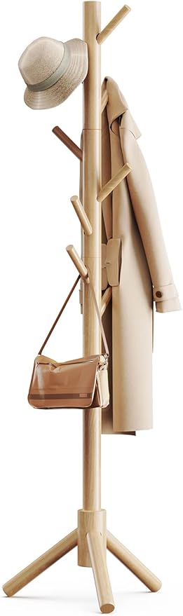 Pipishell Coat Rack Sturdy Wooden Coat Rack Stand, Adjustable Coat Tree, Free Standing Tree Hanger with 4 Sections & 8 Hooks, for Home/Bedroom/Office/Hallway/Entryway by Pipishell