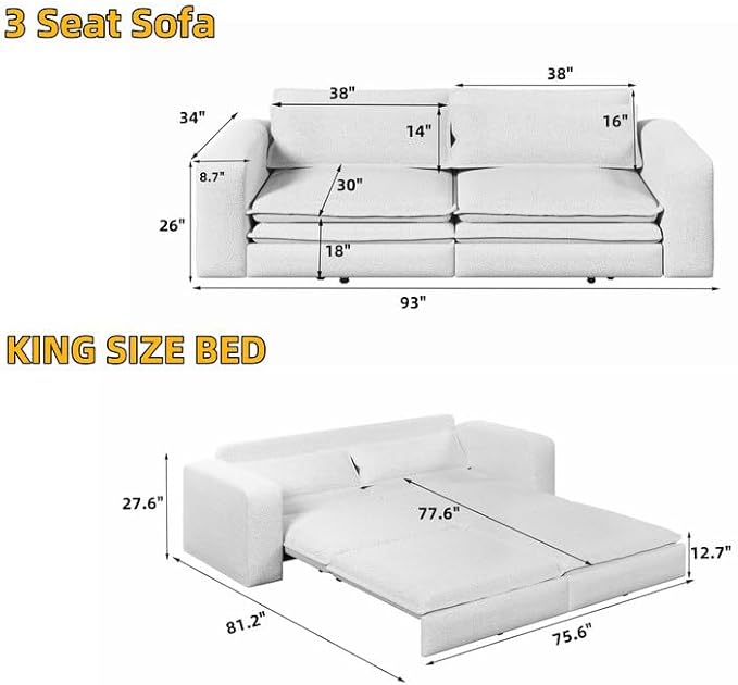 Eafurn 3 in 1 Convertible Pull Out Sleeper Sofa Couch Bed King Size,93" Oversized Recliner Loveseat Chaise Lounge Sofabed Daybed with Thickness Cushions for Living Room Office