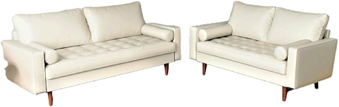 Womble Mid Century Modern Couch with Bolster Pillows, PU Leather Upholstered Tufted Seat, Versatile Retro Design for Comfortable Living Spaces, Loveseat, Sofa, Sleek White