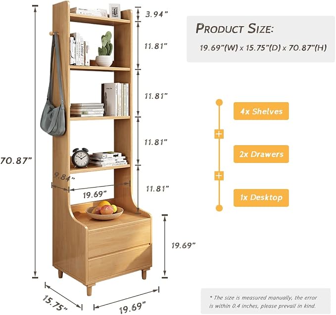 IOTXY Oak Bedside Table Bookshelf - 71" Tall Free Standing Wooden Open Shelf Bookcase with Drawers and 4-Shelves for Bedroom, Bed Side End Table, Nightstand - Image 2