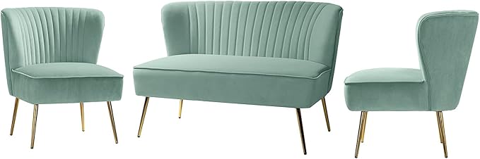 HULALA HOME 3 Piece Velvet Living Room Furniture Set, Modern Comfy Upholstered Chair Set with Golden Legs, Include Loveseat & 2 Accent Chairs for Bedroom, SAGE Tufted 2-Seater Sofa & Armless Chairs