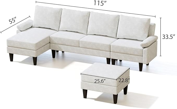 Modern L-Shaped Sectional Sofa with Storage Ottoman, Apartment Sectional Couch with Left Facing Chaise, 3-Piece Living Room Sofa Set, 115 Inch Furniture, Off-White