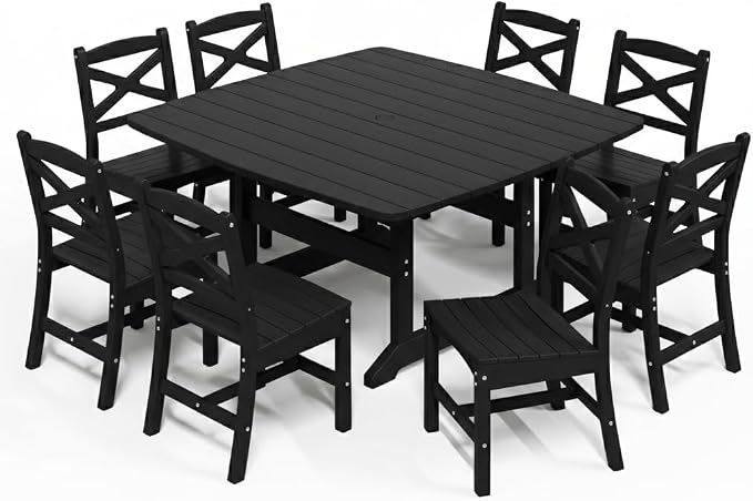 Outdoor Dining Set, HDPE 9-Piece Patio Table and Chairs Set, All-Weather Outdoor Dining Table Set for 8 with Umbrella Hole, Durable Patio Furniture Set with Chairs,Black by Unknown