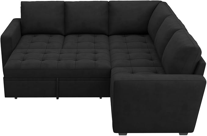 HONBAY Modular Sectional Sleeper Sofa with Pull Out Bed, Velvet Convertible L Shaped Couch with Storage Seat, Sectional Couches for Living Room, Black