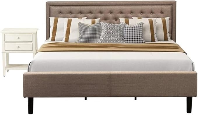 East West Furniture KD16K-1VL0C 2 Piece King Size Set-1 Bed Frames Brown Linen Fabric Padded and Button Tufted Headboard with 1 Small Wire Brushed Butter Cream Finish Nightstand