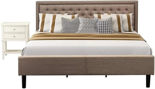 East West Furniture KD16K-1VL0C 2 Piece King Size Set-1 Bed Frames Brown Linen Fabric Padded and Button Tufted Headboard with 1 Small Wire Brushed Butter Cream Finish Nightstand