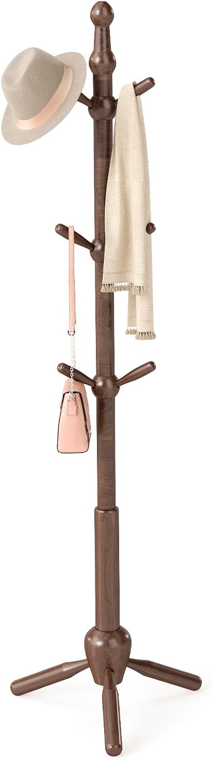 Solid Wood Coat Rack Stand, Vintage Heavy Duty Coat Hanger Stand with 9 Hooks, 3 Adjustable Size Sturdy Coat Tree for Living Room, Entryway, Office, Hallway, Brown - Image 7