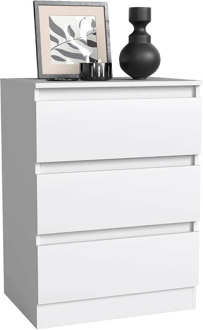 Vibe & Dine 3 Drawer Nightstand, Wooden Bedside Table with Storage, Wooden End Side Table with Drawers for Bedroom, Hallway, White by VibeDine