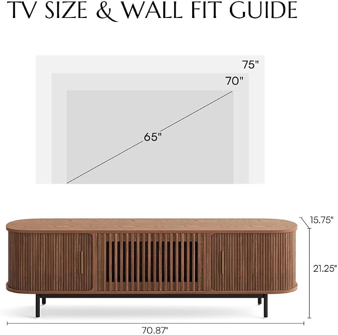 POVISON Fully-Assembled Mid Century Modern TV Stand for 65 inch TV, Sliding Door Entertainment Center with Storage, Wood TV Console, Media Console for Living Room Bedroom(Walnut, 70.87") - Image 5