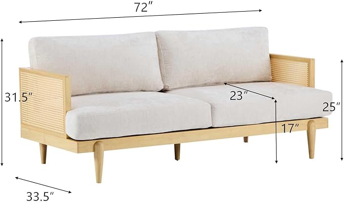 Merax 72" Spacious 2-Seater Sofa Couch with Armrests, Cane Rattan Wooden Frame Loveseat Sofa for Living Rooms, Bedrooms, Apartment, Office (Natural+Beige)