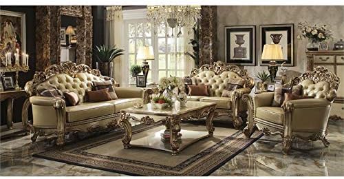 Acme Vendome Faux Leather Tufted Sofa in Bone and Gold Patina