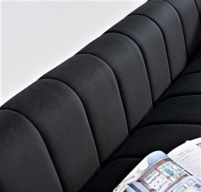 Art Deco Velvet Sofa with Tufted Low Back Design, Sophisticated 3 Seater Couch for Living Rooms, 89 Inch Wide, Easy Assembly, Black