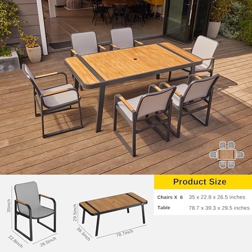 East Oak Signature 7 Pieces Outdoor Dining Set | Durable & Comfortable Patio Dining Table and Chairs for 6 with Teak, Aluminum, and Teslin Fabric in Dark Grey for Garden and Yard