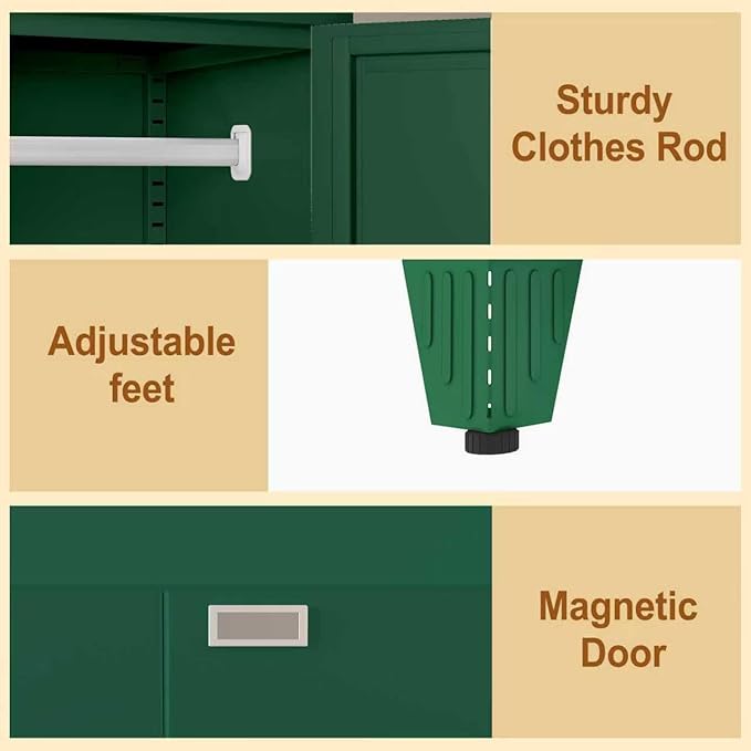 Metal Armoire Wardrobe Closet Storage Cabinet with Mirror Green, 71'' Wardrobe Cabinet with Hanging Rod Metal Closet with 2 Adjustable Shelves for Bedroom, Laundry Room, Cloak Room
