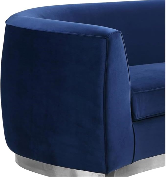 Meridian Furniture Julian Collection Modern | Contemporary Velvet Upholstered Sofa with Stainless Steel Base in Polished Chrome Finish, Navy, 91.5" W x 36" D x 28" H