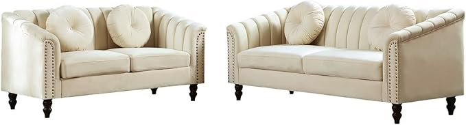 60" Loveseat Sofa, Microfiber Chesterfield Upholstered Sofas Love Seat, Couch Chair Sets with Style Button Tufted, Scroll Arms and Nailhead for Living Room, Office, White