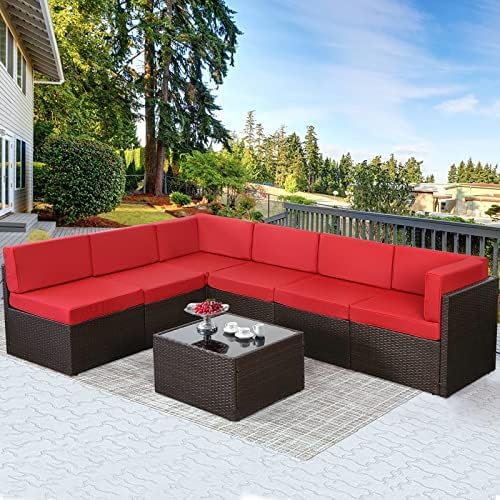 U-MAX 7 Piece Outdoor Patio Furniture Set with Extra 43 Inch Fire Pit Table, PE Rattan Wicker Sofa Set, Outdoor Sectional Furniture Chair Set with Cushions and Tea Table, Brown Rattan&Red Cushion