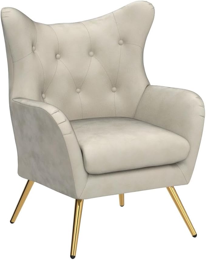 HULALA HOME Velvet Accent Chair Set of 2, Modern Wingback Armchair with Metal Gold Legs, Velvet Tufted Upholstered for Living Room Bedroom(TAN)